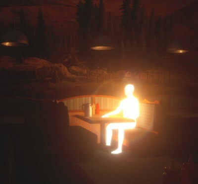 A glowing neon figure sits at a booth in a dimly lit diner, seemingly contemplating a winning streak. The image ties into the celebratory mood of crypto gains, where the illuminated figure represents the excitement and newfound wealth from receiving USDC and watching a token pump.