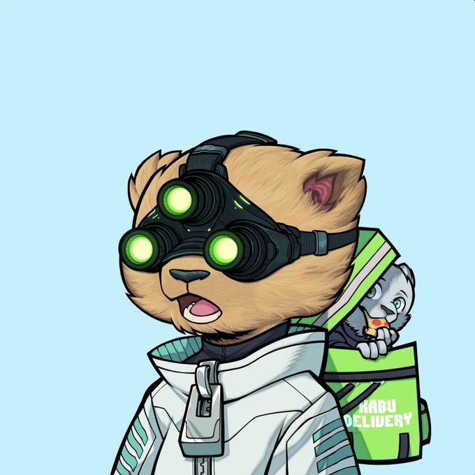 A cartoon bear character wearing night-vision goggles and a white tactical suit carries a green delivery bag labeled "KABU DELIVERY," with a small raccoon peeking out from inside. The image ties to the post's nostalgic Splinter Cell reference through the bear's spy-gadget aesthetic and the "Kabu Delivery" branding, reinforcing the new NFT purchase.