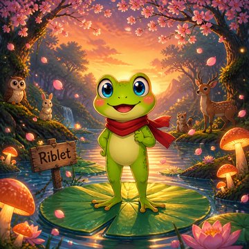 A colorful cartoon illustration of a smiling green frog character named 'Riblet' (per a wooden sign) wearing a red scarf, standing on a lily pad in a magical forest stream with deer, owls, rabbits, and glowing mushrooms.