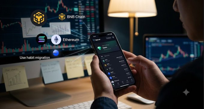 A person holds a smartphone displaying a crypto wallet app on a desk with trading charts on background monitors, while an overlay highlights blockchain networks including BNB Chain, Ethereum, and Solana, along with text reading 'Use habit migration'.