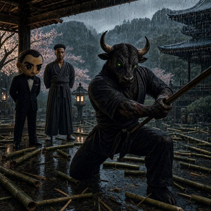 A dark, atmospheric scene featuring a horned, demonic figure wielding a staff, standing in a rainy bamboo courtyard while two observers watch from a wooden structure adorned with cherry blossoms.