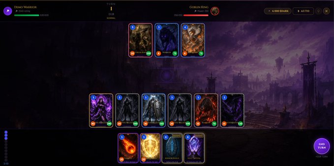 A dark fantasy card battle game screen showing a 'Demo Warrior' versus 'Goblin King' match with cards in play and an 'End Turn' button.