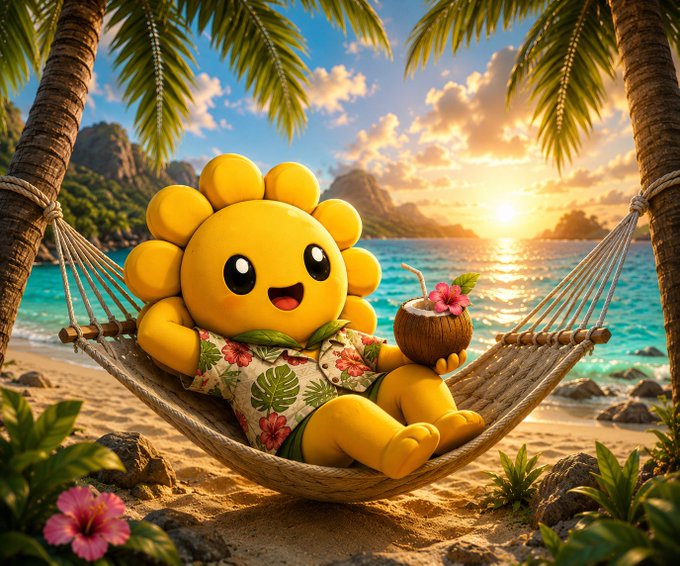 A 3D-rendered illustration of a cute yellow flower-like character wearing a Hawaiian shirt, relaxing in a hammock on a tropical beach at sunset while holding a coconut drink.