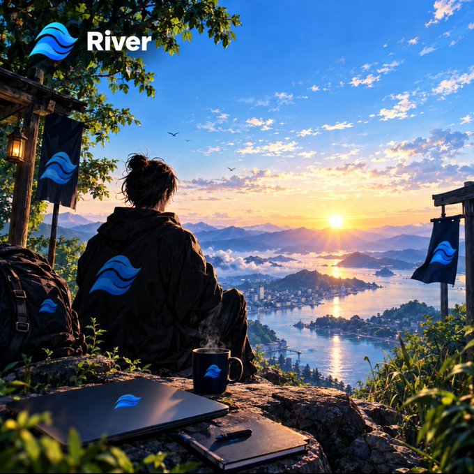 A 'River' brand promotional image showing a person in a black hoodie sitting on a cliffside overlooking a scenic sunrise over a coastal city, with branded banners, a steaming mug, laptop, and notebook visible.