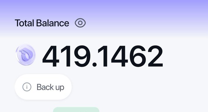 The image shows a digital wallet displaying a "Total Balance" of **419.1462 Sui (SUI) tokens** with a "Back up" option below. The accompanying post relates by emphasizing long-term holding over short-term trading pressure, suggesting the holder maintains a substantial SUI balance while discouraging those who can't commit to multi-year holding from buying.
