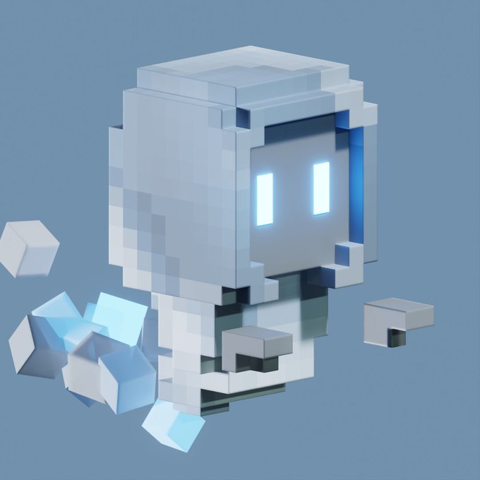 A voxel-style 3D rendering of a blocky robot or character with glowing blue eyes, surrounded by floating cubes against a blue background.