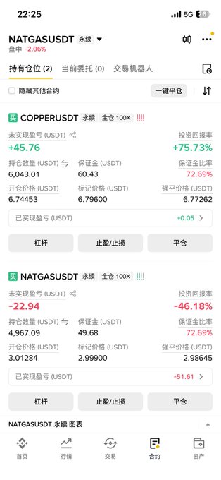 A mobile trading app interface in Chinese showing perpetual futures positions for COPPERUSDT (up +45.76, +75.73% return) and NATGASUSDT (down -22.94, -46.18% return) with 100x leverage.