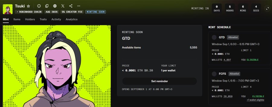 Screenshot of an NFT minting page for "Tsuki" on Robinhood Chain, showing 5,555 available items priced at <0.0001 ETH, with a GTD window opening September 1 at 6:00 PM GMT+3.