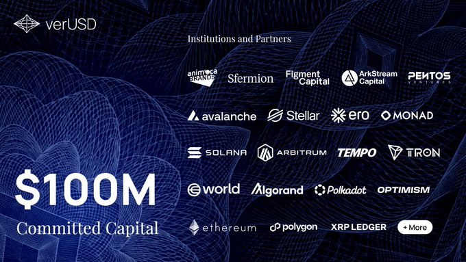 A promotional graphic for 'verUSD' highlighting '$100M Committed Capital' alongside logos of partner institutions and blockchain networks including Animoca Brands, Sfermion, Figment Capital, Avalanche, Stellar, Solana, Arbitrum, World, Algorand, Polkadot, Optimism, Ethereum, Polygon, and XRP Ledger.