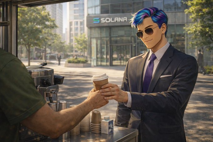A stylishly dressed man with blue hair receives a coffee from a barista at a stand, with a "SOLANA" building visible in the background. The image evokes a cheerful "GM" (good morning) sentiment, suggesting a productive start to the week as the author dives into learning about lending protocols.