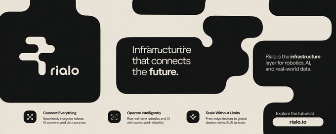 A sleek black-and-white website banner for 'rialo' describing itself as 'Infrastructure that connects the future' and the 'infrastructure layer for robotics, AI, and real-world data,' with features like Connect Everything, Operate Intelligently, and Scale Without Limits.