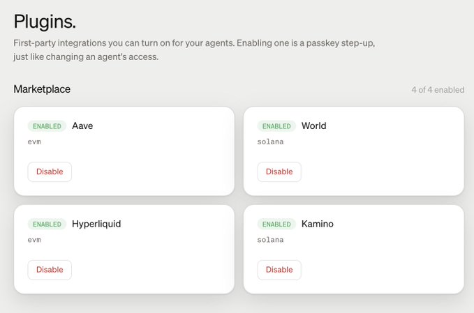 The image shows a "Plugins" settings page with 4 of 4 enabled marketplace integrations, including Aave (evm), World (solana), Hyperliquid (evm), and Kamino (solana). Each plugin displays an "ENABLED" badge and a "Disable" button, illustrating how users can enable the Kamino plugin as referenced in the post about getting started with Kamino on PayBox.
