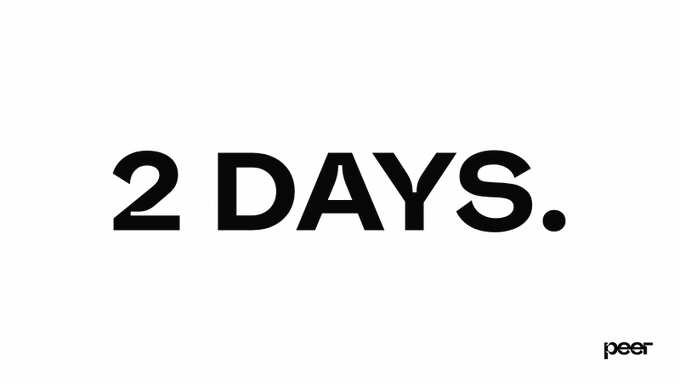 Bold black text "2 DAYS." is centered on a white background, with the "peer" logo in the bottom right corner. The minimalist design reinforces the brief countdown message in the accompanying post, suggesting anticipation for an upcoming announcement or event.