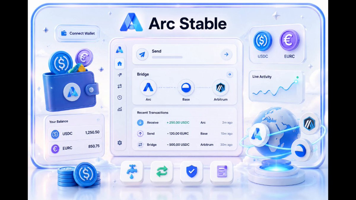 The image features a poster for an Arc Stable cryptocurrency called Thanh Toán Stablecoin, which is displayed on a white background with blue elements. The poster also includes information about the coin's testing process and its relation to the Bitcoin blockchain.