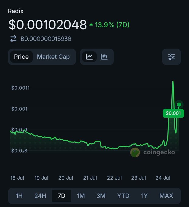 A CoinGecko price chart for Radix cryptocurrency showing a price of $0.00102048 with a 13.9% increase over 7 days, displayed over a green line graph spanning July 18-24.
