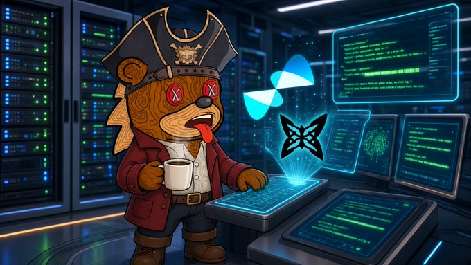Cartoon illustration of a pirate-themed character with 'X' eyes and a captain's hat, holding a coffee mug in a server room while interacting with a holographic butterfly-like NFT icon above a keyboard and monitor screens displaying code.