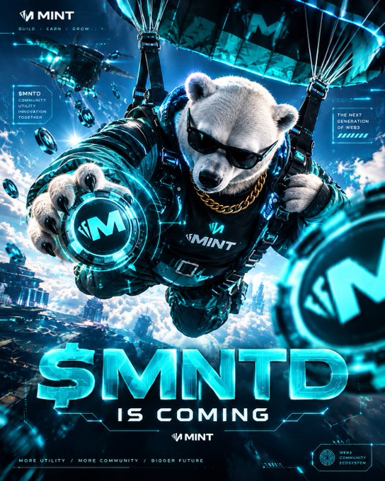 A promotional poster features a parachuting polar bear in sunglasses holding an 'M' coin, with text reading 'SMNTD IS COMING', 'MINT', and 'THE NEXT GENERATION OF WEB3'.