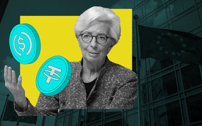 The image features a woman with white hair, wearing glasses, holding two coins - one blue and one green. The background shows an office building or a bank, which could be related to the ECB president's message about stablecoins. The caption above the image reads "ECB President Lagarde just drew a line in the sand for crypto. Her message to the digital asset world? #Stablecoins can'nt power Europe's tokenized future. The reason why might surprise you".