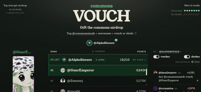 A 'commons VOUCH' airdrop leaderboard page showing rankings, including @AlphaRisenoi at #21,907 and @GuarEmperor at #3.