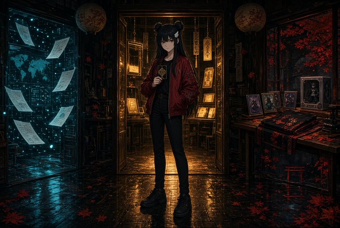 An anime-style illustration shows a dark-haired girl in a red jacket standing in a mystical, dimly lit room filled with floating talismans, a glowing blue screen, and framed pictures.