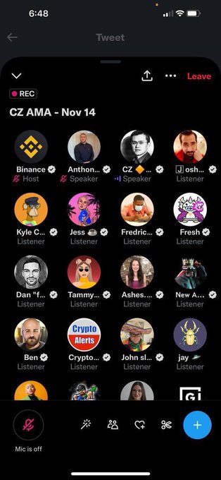 A screenshot of a Twitter Spaces session titled 'CZ AMA - Nov 14' showing multiple participants including Binance as Host and various speakers and listeners.