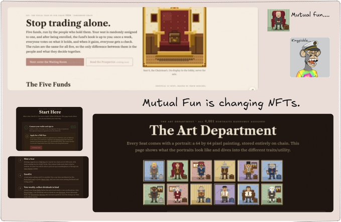 A webpage layout for an NFT project called 'Mutual Fun' showing sections including 'Stop trading alone' with information about 'The Five Funds' and 'The Art Department,' which displays pixel-art portraits of 64 pixel character collectibles.