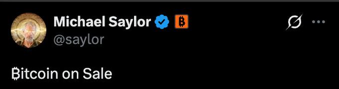 A tweet from Michael Saylor (@saylor) reading 'Bitcoin on Sale' with a Bitcoin logo next to his name.