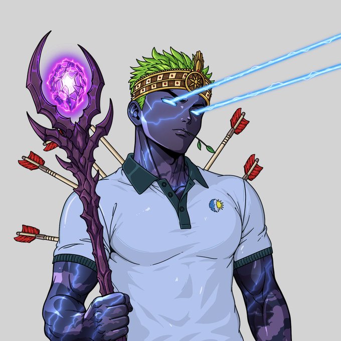 A digital illustration of a muscular character with blue skin, glowing eyes, and a leafy crown holds a purple staff with a crystal, while arrows protrude from his back.