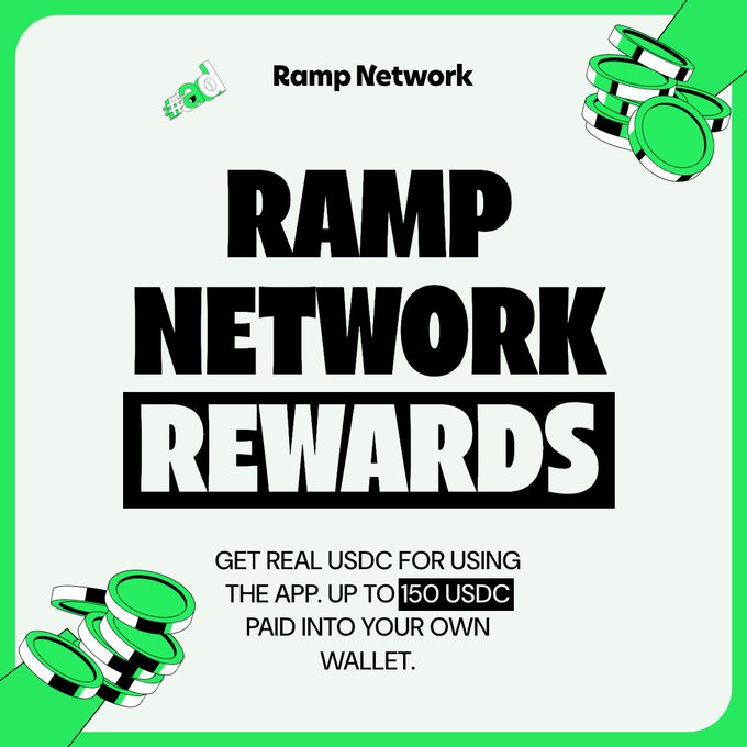 Promotional graphic for Ramp Network's rewards program, featuring bold text "RAMP NETWORK REWARDS" alongside the offer "GET REAL USDC FOR USING THE APP. UP TO 150 USDC PAID INTO YOUR OWN WALLET," decorated with green coin stack illustrations—visually reinforcing the post's message about earning up to 150 USDC through everyday app activities.