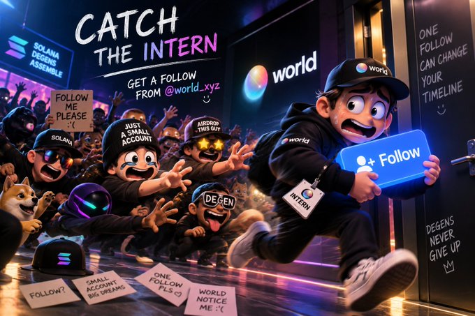 The same cartoon promotional image titled "CATCH THE INTERN" encouraging users to get a follow from @world.xyz, featuring animated Solana-themed characters grabbing for a "+ Follow" button.