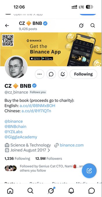 The image shows CZ's (Changpeng Zhao) verified X/Twitter profile for @cz_binance, featuring 12.9M followers, a promotional banner for the Binance App, and his bio linking to his books on charity. This is the account referenced in the post discussing BNB's price movement testing 13M resistance, as CZ is the founder of Binance and BNB is the exchange's native cryptocurrency.
