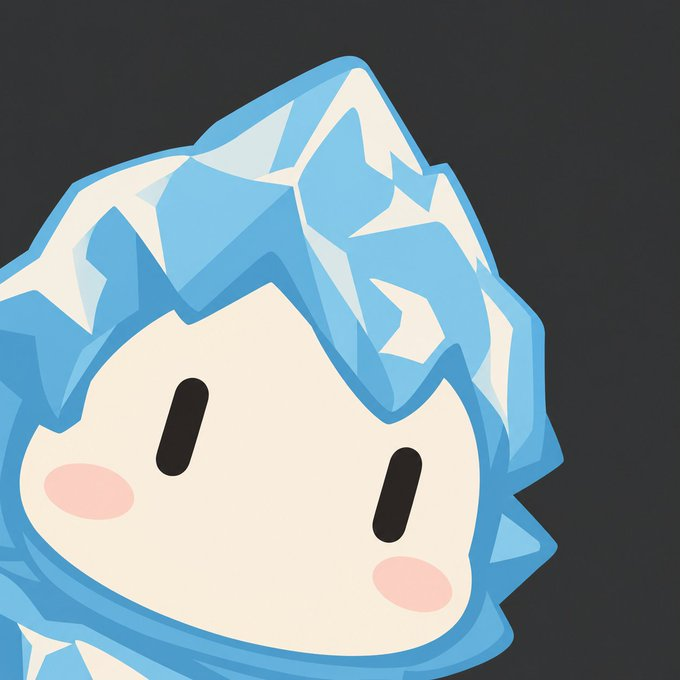 A cute cartoon character with spiky ice-blue hair and blushing cheeks against a dark background, appearing as a chibi-style illustration likely used as a profile picture or avatar for the referenced user.