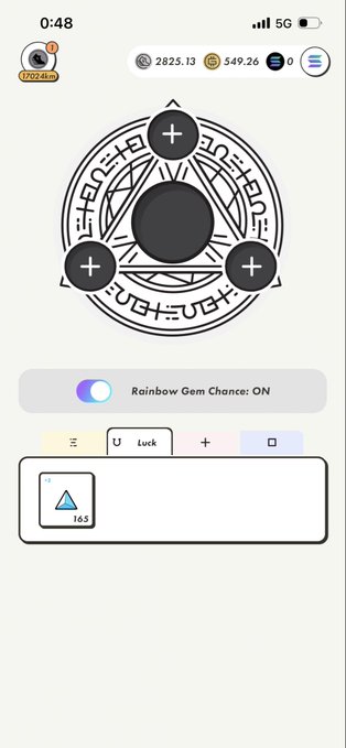 Mobile app interface featuring a circular magic sigil with three plus-sign nodes, a 'Rainbow Gem Chance: ON' toggle, and currency balances of 2825.13 and 549.26.