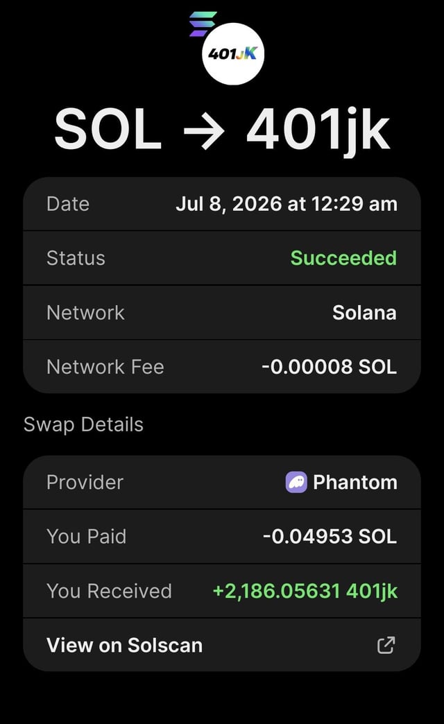 A transaction confirmation showing a successful swap of -0.04953 SOL for +2,186.05631 401jk tokens on the Solana network via Phantom wallet, executed on July 8, 2026 at 12:29 am, illustrating one small daily DCA purchase toward a goal of $189 over 365 days.