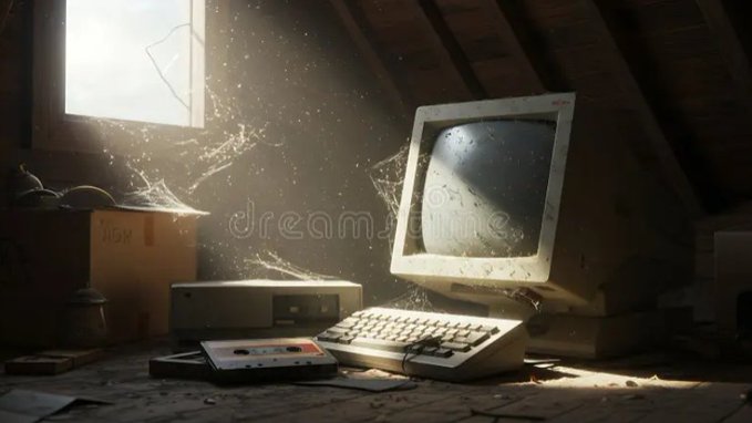An abandoned attic scene featuring a dusty CRT computer monitor, keyboard, and cassette tapes covered in cobwebs, illuminated by sunlight streaming through a small window.
