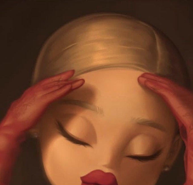 A stylized digital painting of a woman with blonde hair and red lips, eyes closed, with red-gloved hands gently touching her temples.