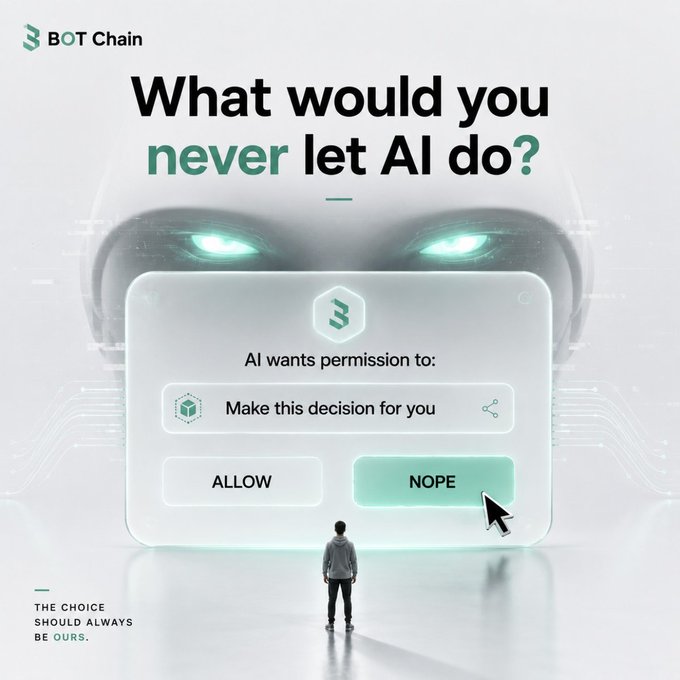 A BOT Chain advertisement asking 'What would you never let AI do?' showing a person facing a large AI robot face with a permission dialog requesting to 'Make this decision for you' with ALLOW and NOPE buttons.