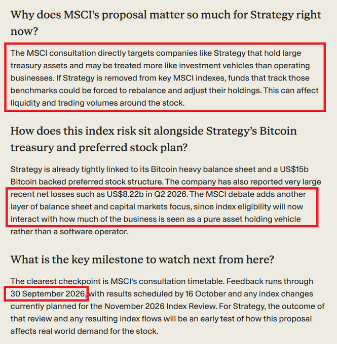 A text excerpt discussing MSCI's proposal regarding Strategy, highlighting that the consultation targets companies holding large treasury assets, mentions recent net losses of US$8.22b in Q2 2026, and notes a consultation feedback deadline of 30 September 2026.