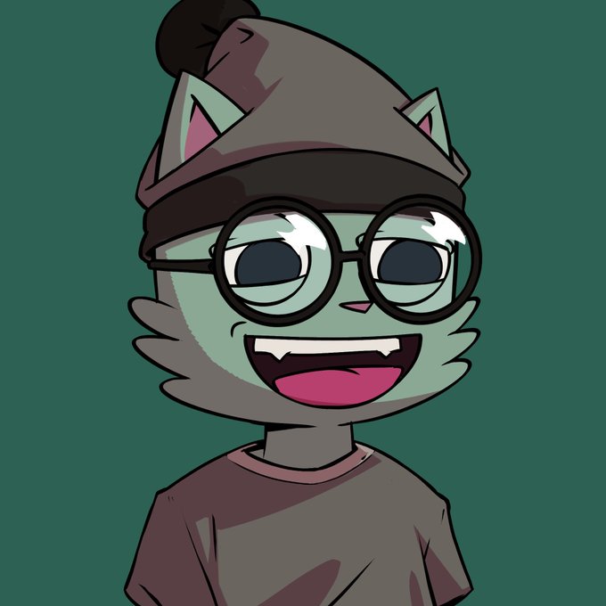 A cartoon illustration of a gray cat character wearing round glasses and a beanie, smiling with visible teeth.