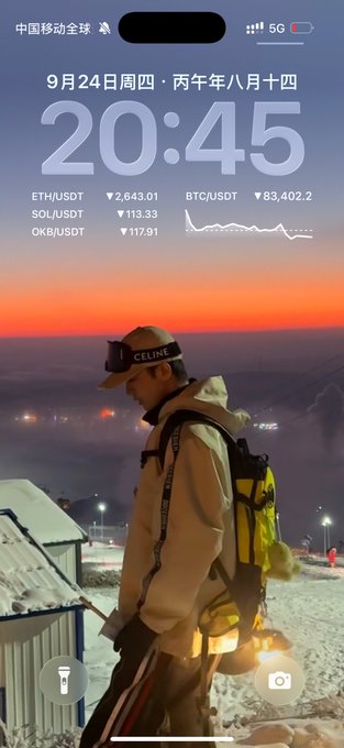 An iPhone lock screen at 20:45 displays a person in a white jacket and Celine cap standing at sunset, with cryptocurrency widgets showing ETH/USDT, SOL/USDT, OKB/USDT, and BTC/USDT prices.