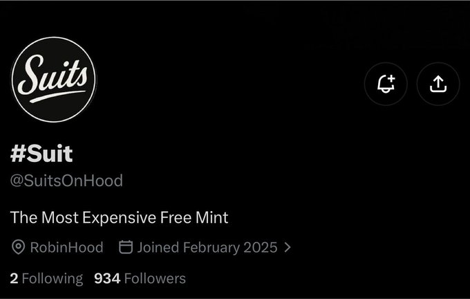 A social media profile page for @SuitsOnHood displaying the "#Suit" name with a circular logo, tagged with "RobinHood," joined February 2025, showing 2 Following and 934 Followers. The accompanying post references an upcoming free NFT mint from Steady Teddy on this RobinHood page, which is the profile shown in the image.