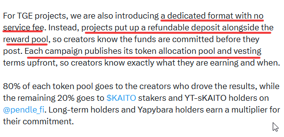 Text describing a TGE project format with no service fee, highlighting refundable deposits, reward pools, and 80/20 revenue splits between creators and $KAITO stakers on @pendle_fi.