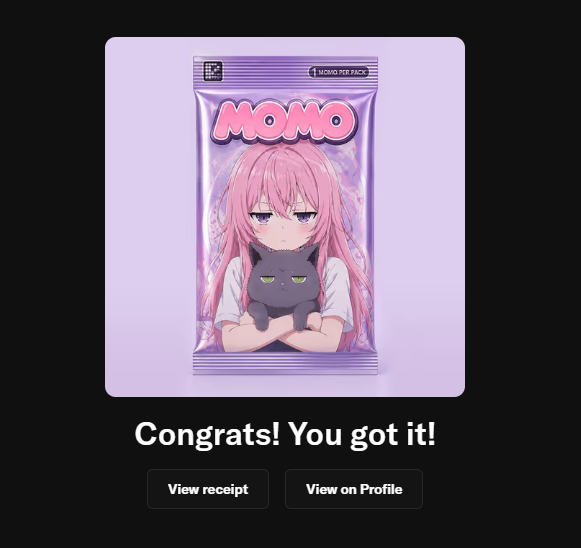 A digital collectible featuring an anime-style pink-haired girl holding a black cat, branded as "MOMO" in a purple foil pack labeled "1 MOMO PER PACK," is displayed alongside the confirmation message "Congrats! You got it!" with buttons to "View receipt" and "View on Profile"—showcasing a successful mint of the @momoyumemi NFT the user just acquired.