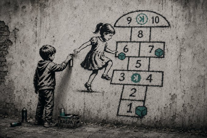 The image depicts a Banksy-style street art stencil on a concrete wall, showing a young boy with a spray can painting a hopscotch grid being played by a girl, with teal "Kaspa" ($KAS) colored cubes marking the numbered squares. The text "KASPA" is visible on a crate at the bottom of the artwork. This cleverly ties into the post by visually merging the childhood game of hopscotch with the Kaspa cryptocurrency, where the game's markers represent $KAS tokens across the numbered grid.