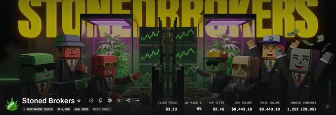 A promotional banner for "Stoned Brokers" featuring pixel-art characters in suits with sunglasses and hats, showing a floor price of $3.13 and various market statistics.