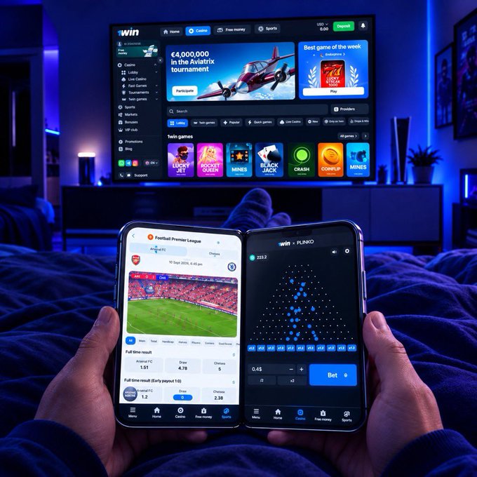 A person in a blue-lit bedroom holds two devices showing gambling/betting apps labeled '1win', with the TV displaying a casino interface featuring games like Aviatrix and Lucky Jet.