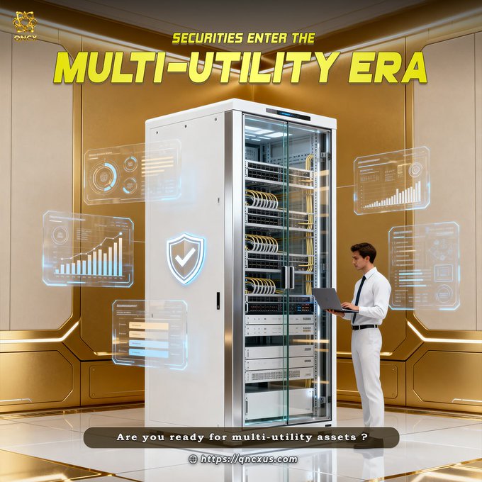 A man in a white shirt uses a laptop beside a server rack displaying a security shield icon, with holographic data panels and the text "SECURITIES ENTER THE MULTI-UTILITY ERA" and "Are you ready for multi-utility assets?" framing the image to visually reinforce the post's theme of tokenized stocks expanding institutional adoption.