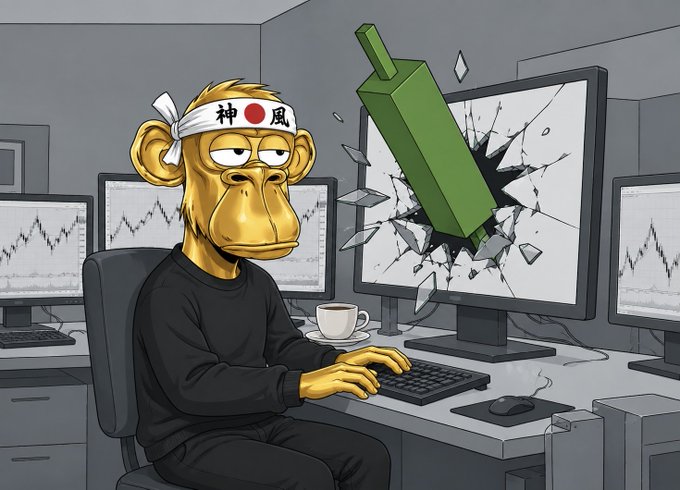 A cartoon illustration of a bored-looking monkey wearing a '神風' (Kamikaze) headband, sitting at a computer with multiple monitors showing stock charts while a green geometric object crashes through one screen.