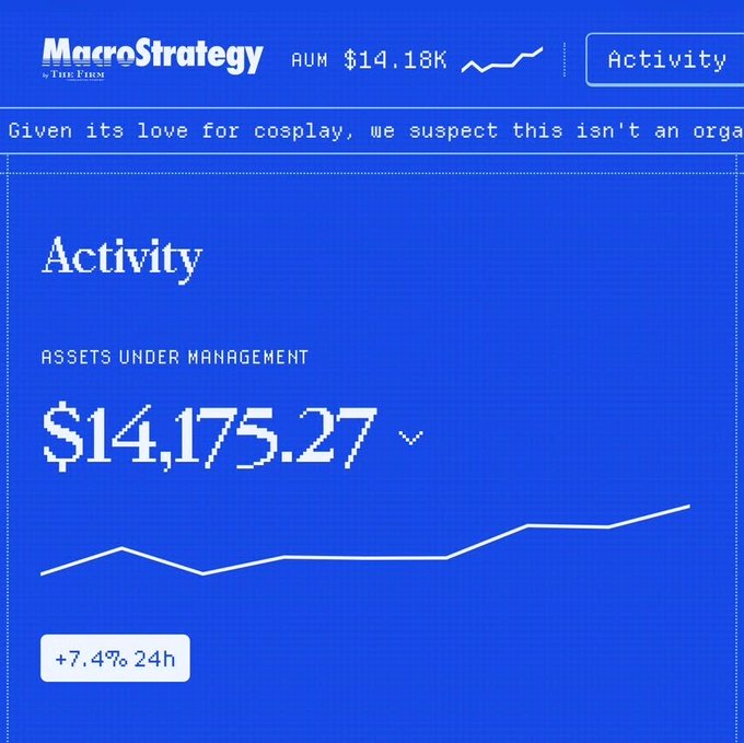 A blue-themed screenshot showing 'MacroStrategy' (styled like MicroStrategy) with AUM $14.18K and assets under management at $14,175.27, up +7.4% in 24 hours, with text noting 'Given its love for cosplay, we suspect this isn't an orga...'