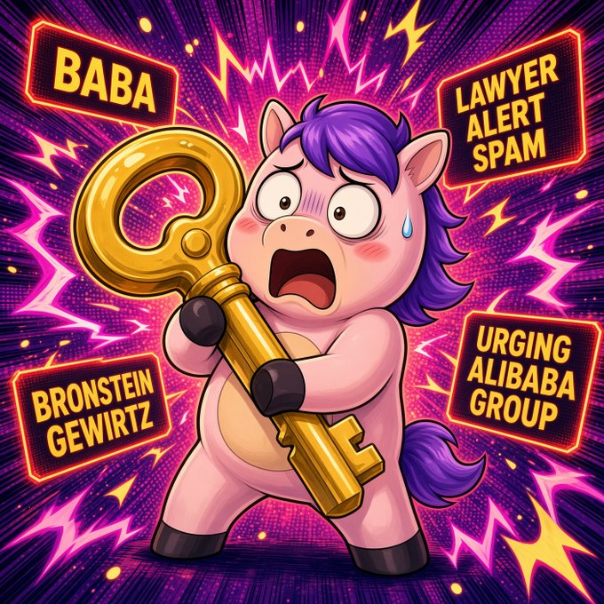 A cartoon image of a shocked pink pony with purple hair holding a large golden key, surrounded by comic-style text boxes reading 'BABA,' 'LAWYER ALERT SPAM,' 'BRONSTEIN GEWIRTZ,' and 'URGING ALIBABA GROUP.'